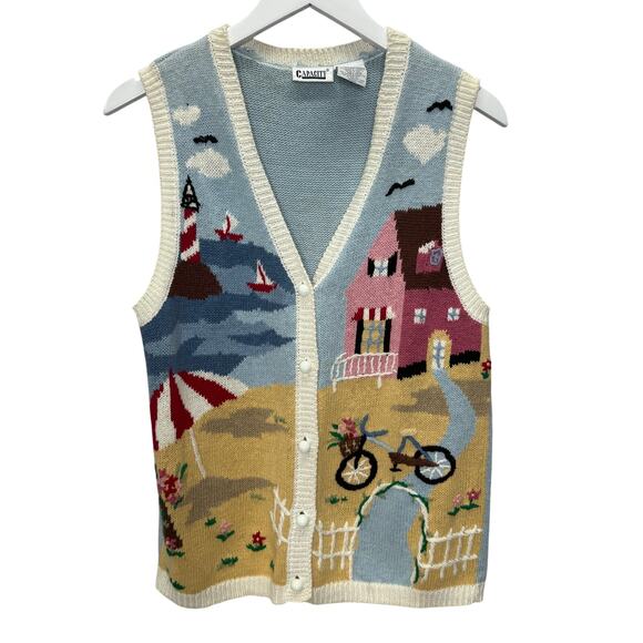 Capacity Sweaters - Vintage Women Capacity Knit Sweater Vest Size S Cottage Beach Lake Sailboat Bike